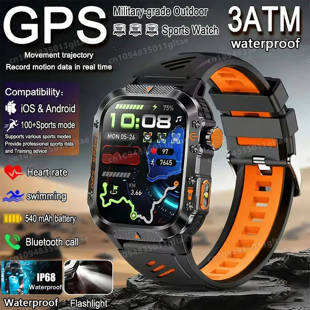 2026 Military-Grade Smartwatch – GPS, Flashlight, 3ATM Waterproof, Bluetooth Call, 100+ Sports Modes