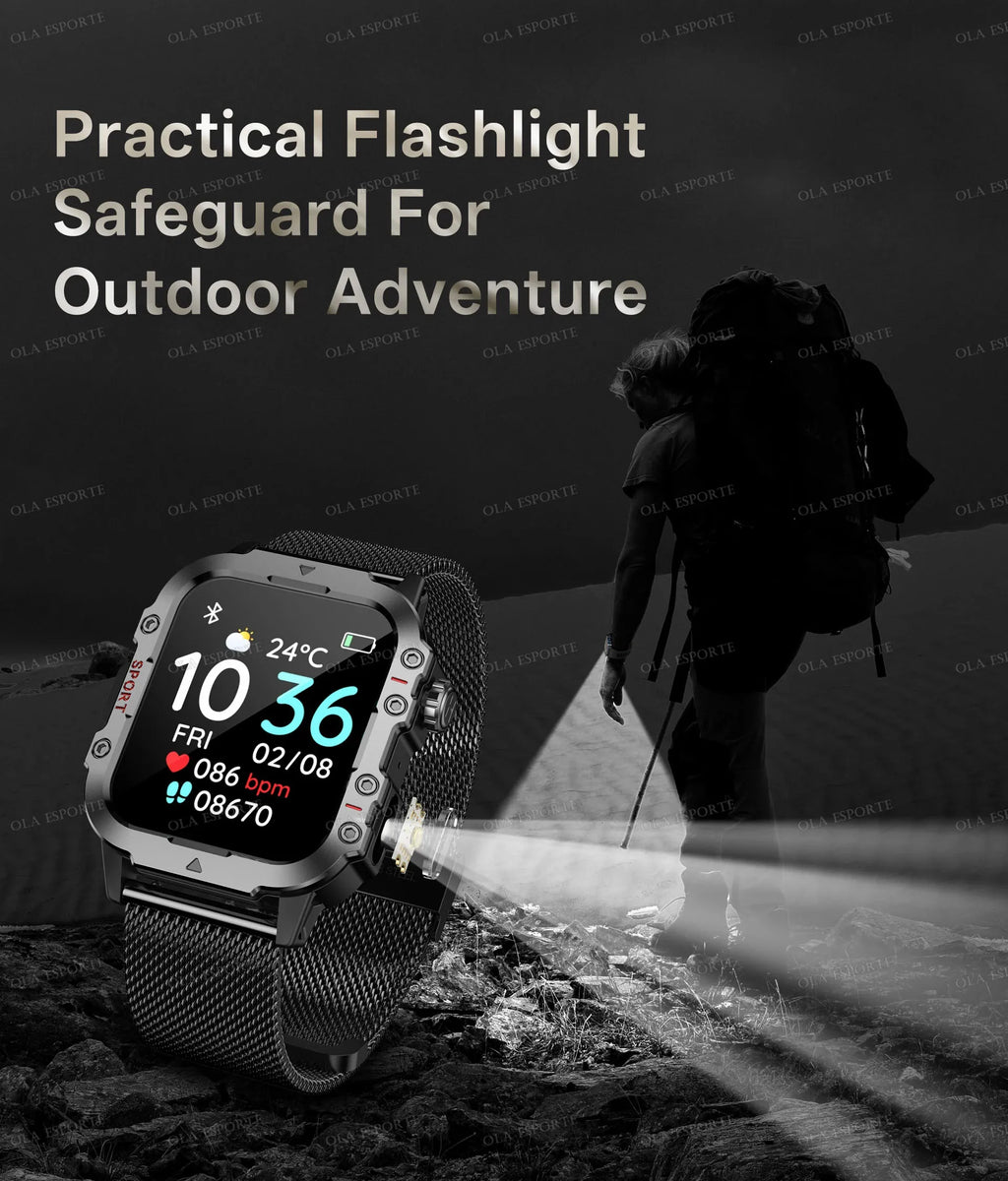2026 Military-Grade Smartwatch – GPS, Flashlight, 3ATM Waterproof, Bluetooth Call, 100+ Sports Modes