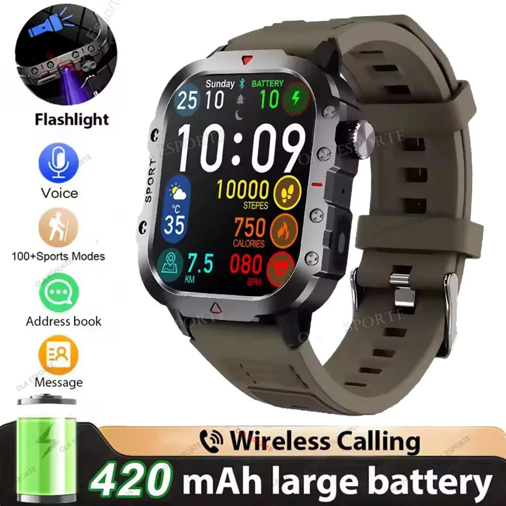 2026 Military-Grade Smartwatch – GPS, Flashlight, 3ATM Waterproof, Bluetooth Call, 100+ Sports Modes