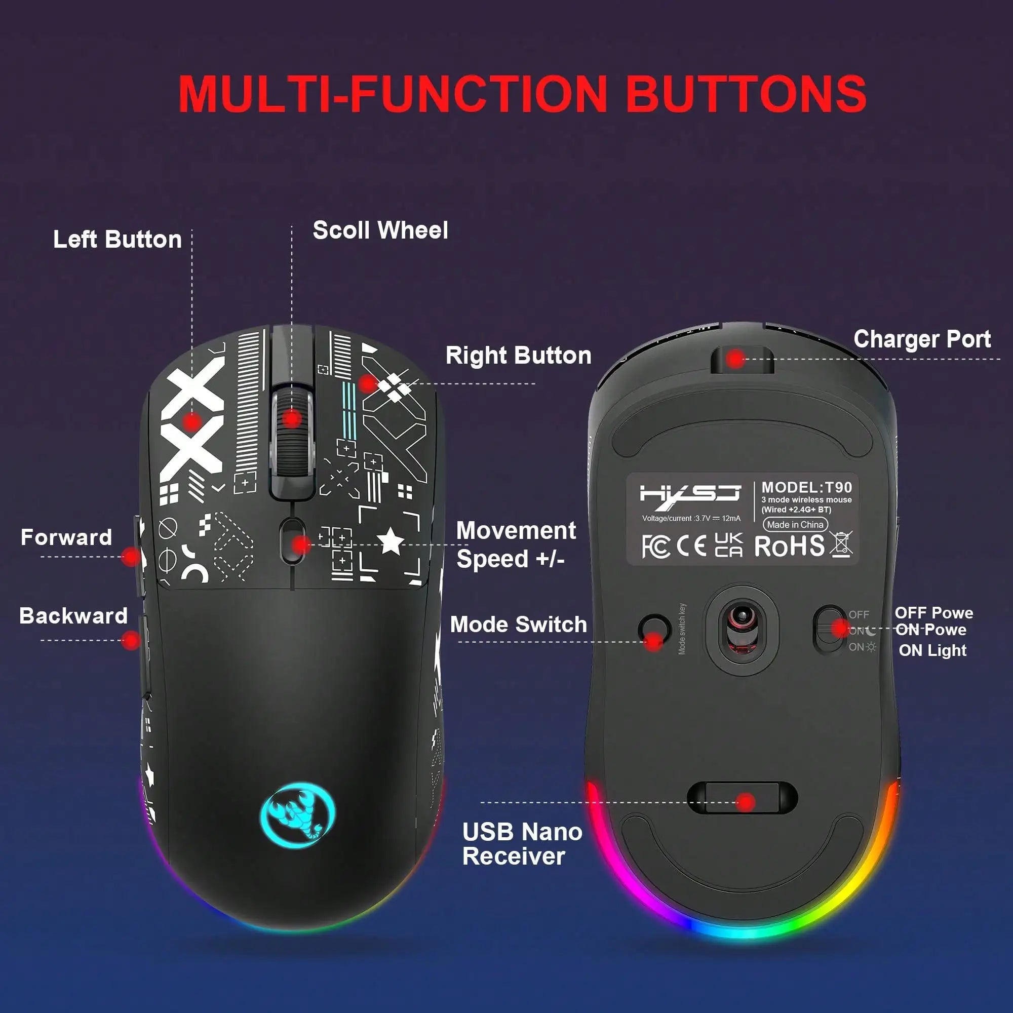 HXSJ™ T90 RGB Tri-Mode Gaming Mouse
