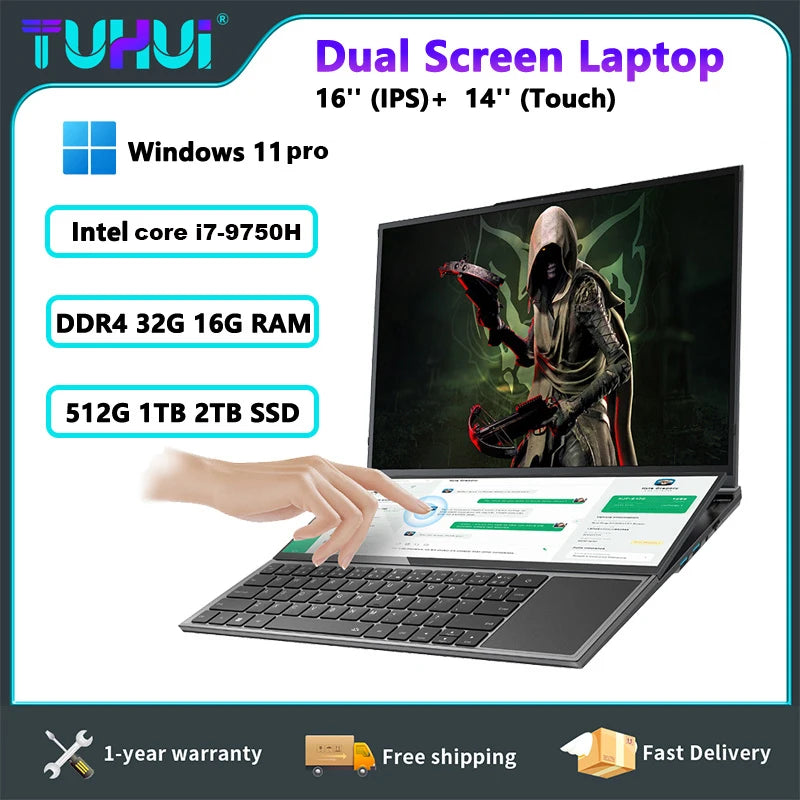 TUHUI™ Dual Screen Pro 16” Intel i7 Gaming Laptop