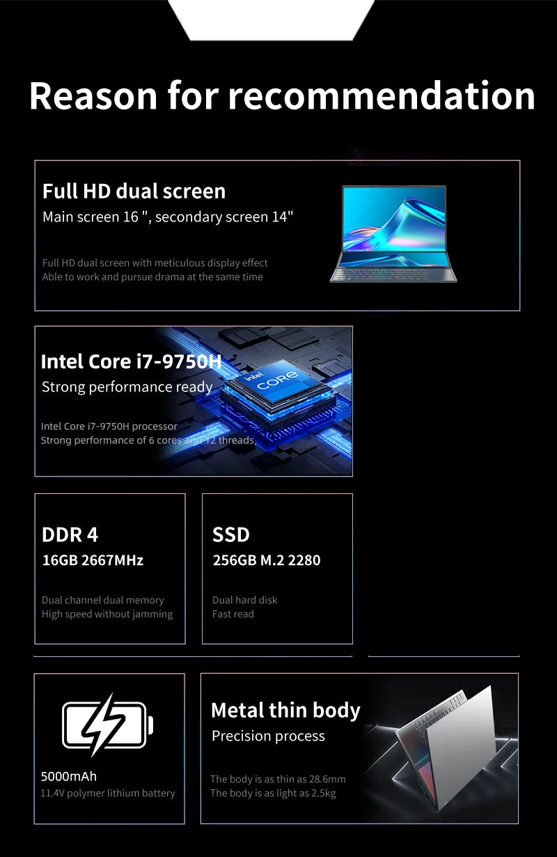TUHUI™ Dual Screen Pro 16” Intel i7 Gaming Laptop