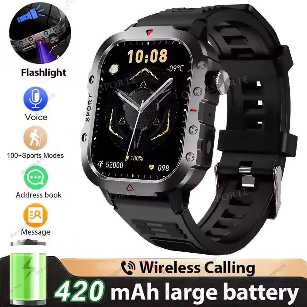 2026 Military-Grade Smartwatch – GPS, Flashlight, 3ATM Waterproof, Bluetooth Call, 100+ Sports Modes