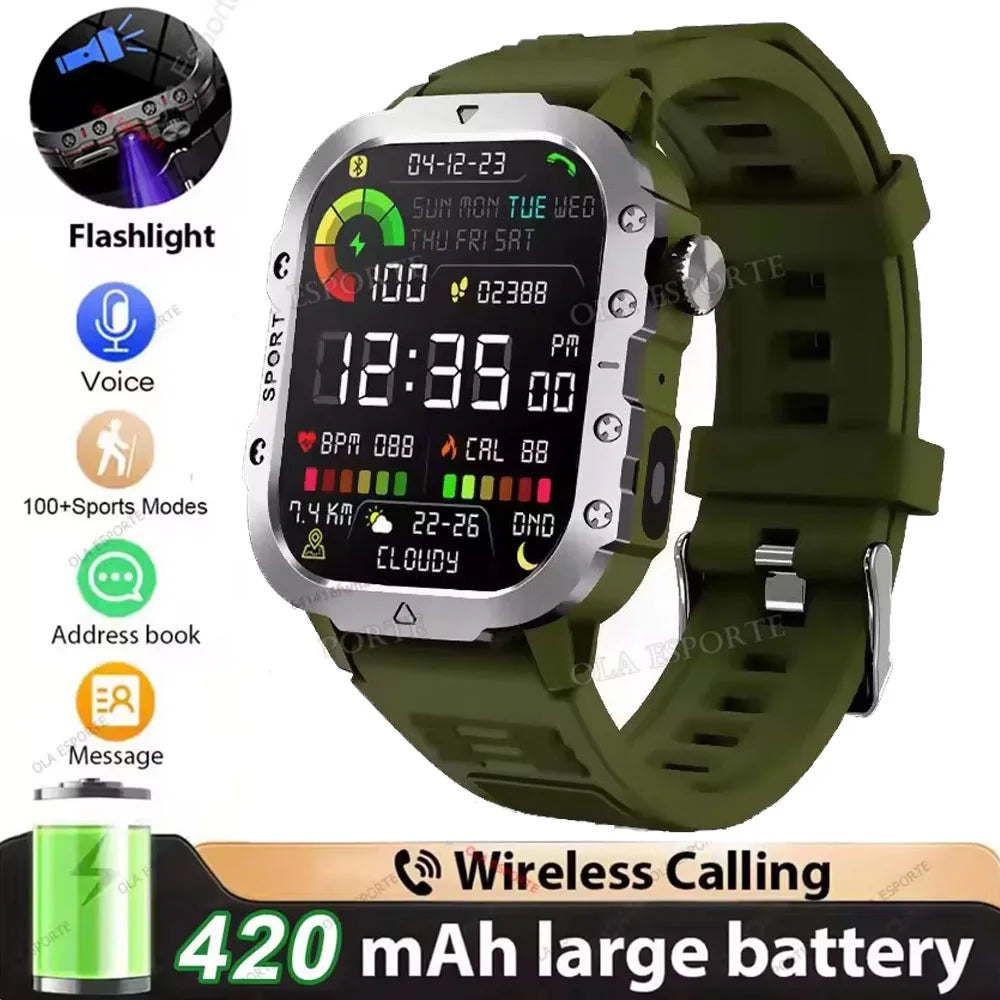 2026 Military-Grade Smartwatch – GPS, Flashlight, 3ATM Waterproof, Bluetooth Call, 100+ Sports Modes