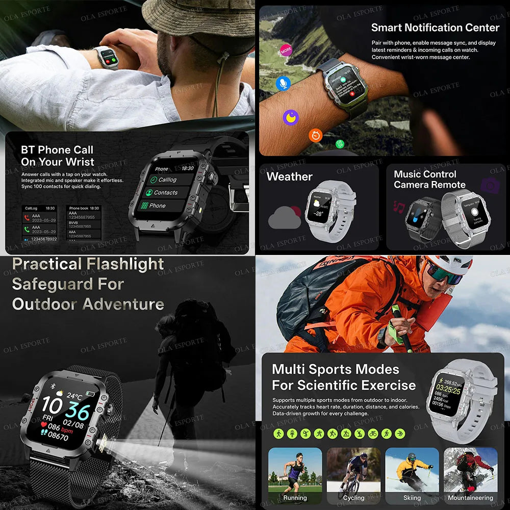 2026 Military-Grade Smartwatch – GPS, Flashlight, 3ATM Waterproof, Bluetooth Call, 100+ Sports Modes