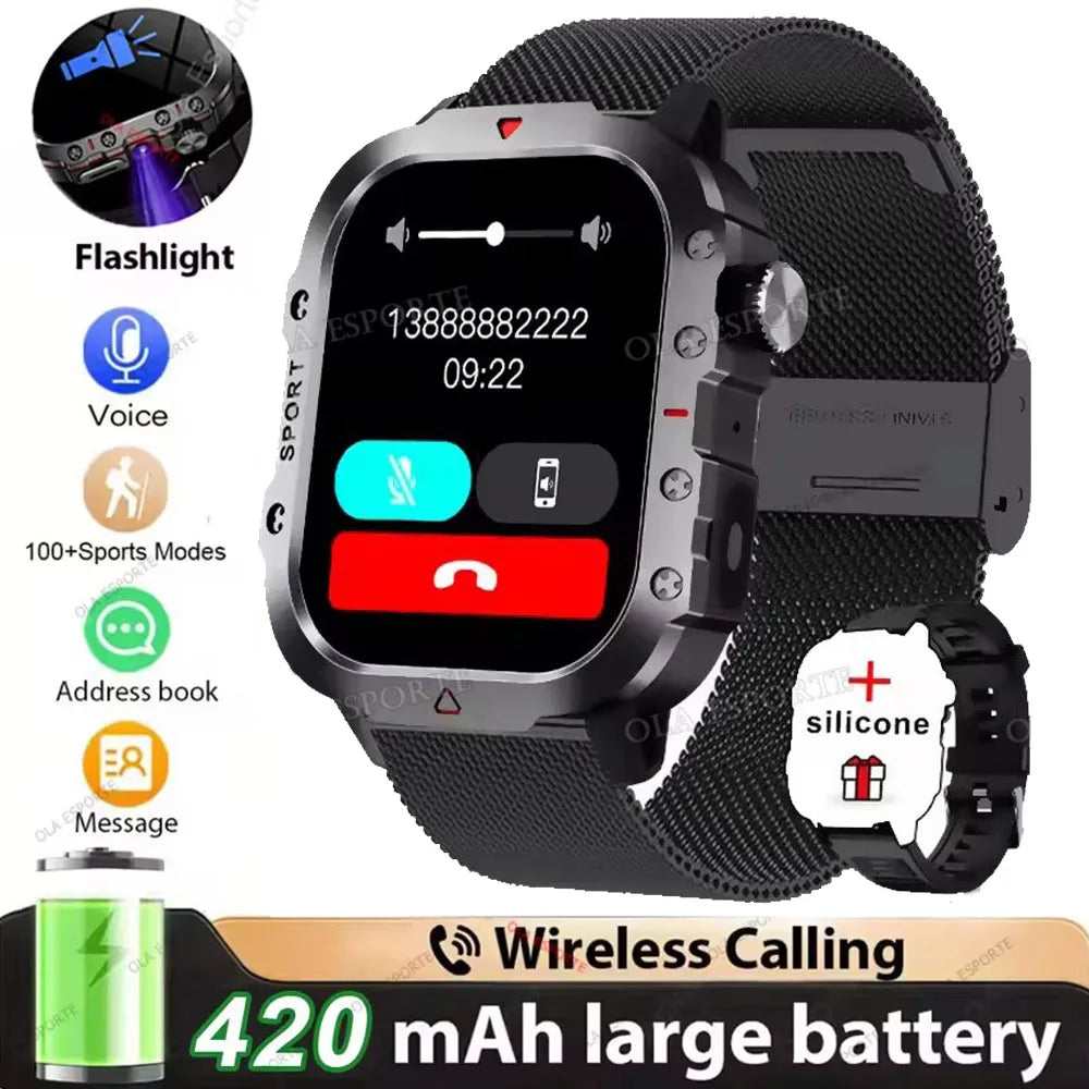 2026 Military-Grade Smartwatch – GPS, Flashlight, 3ATM Waterproof, Bluetooth Call, 100+ Sports Modes