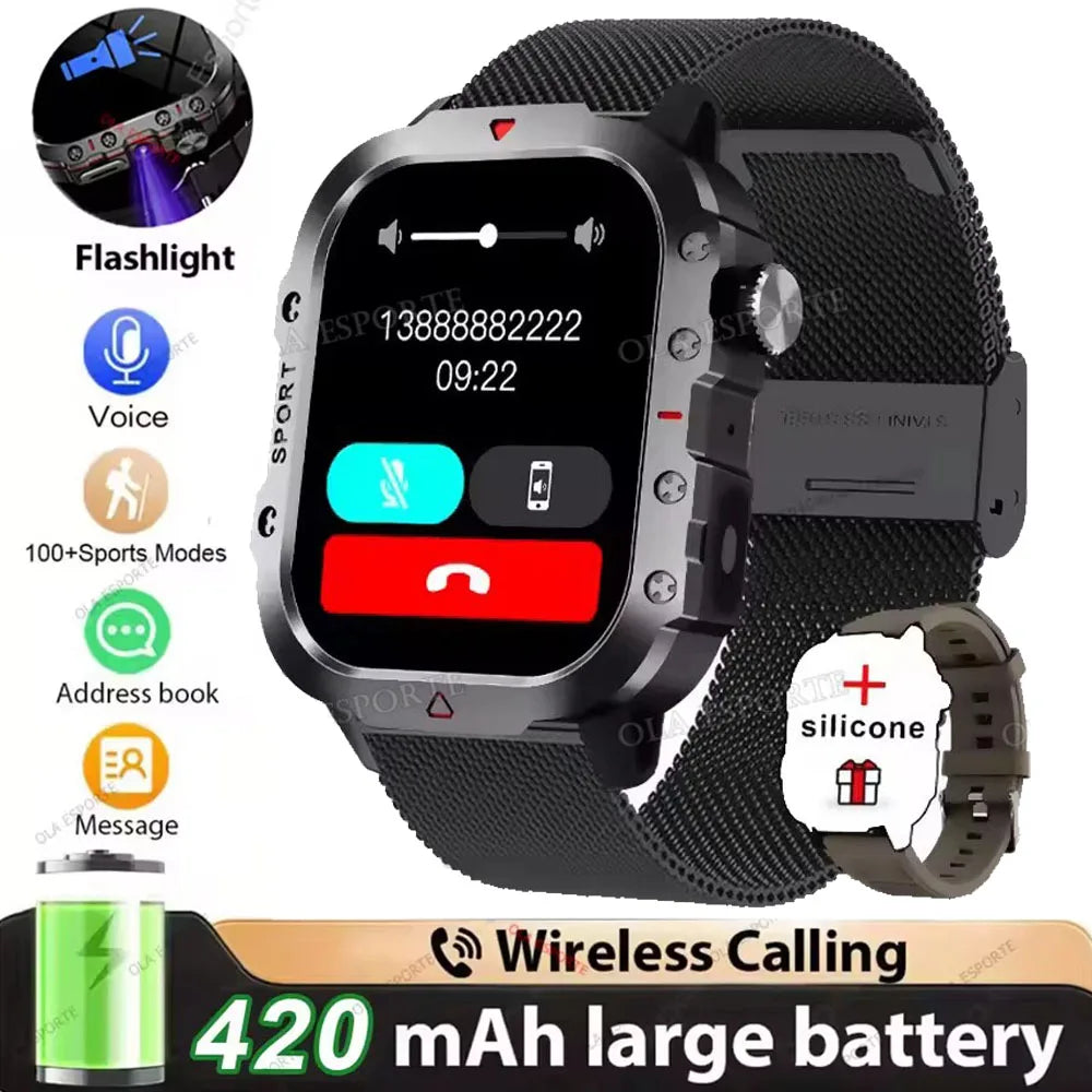 2026 Military-Grade Smartwatch – GPS, Flashlight, 3ATM Waterproof, Bluetooth Call, 100+ Sports Modes
