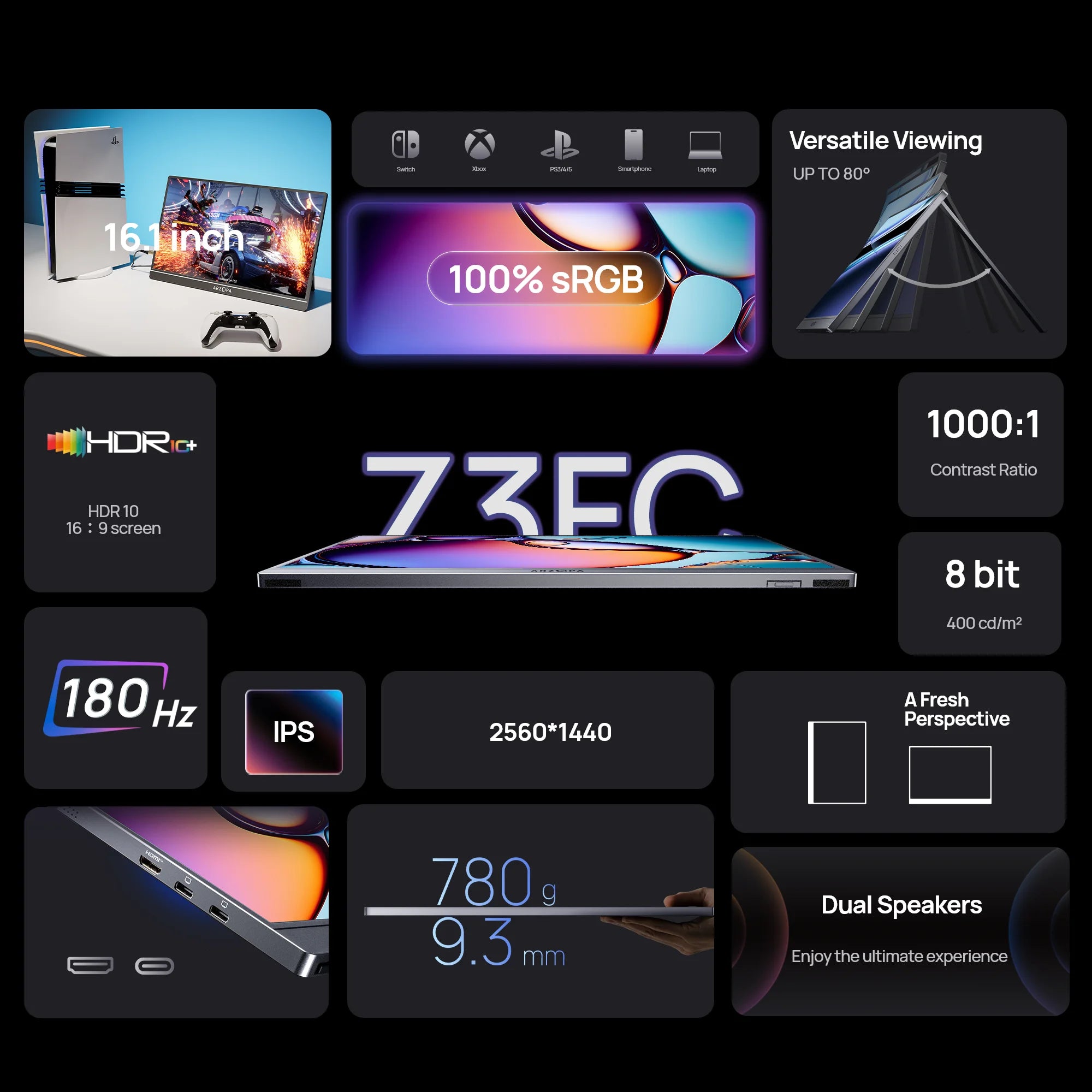 ARZOPA™ Z3FC 16.1” 2.5K 180Hz Portable Gaming Monitor