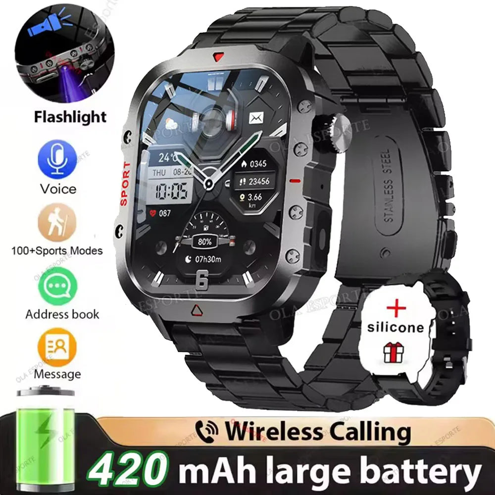 2026 Military-Grade Smartwatch – GPS, Flashlight, 3ATM Waterproof, Bluetooth Call, 100+ Sports Modes