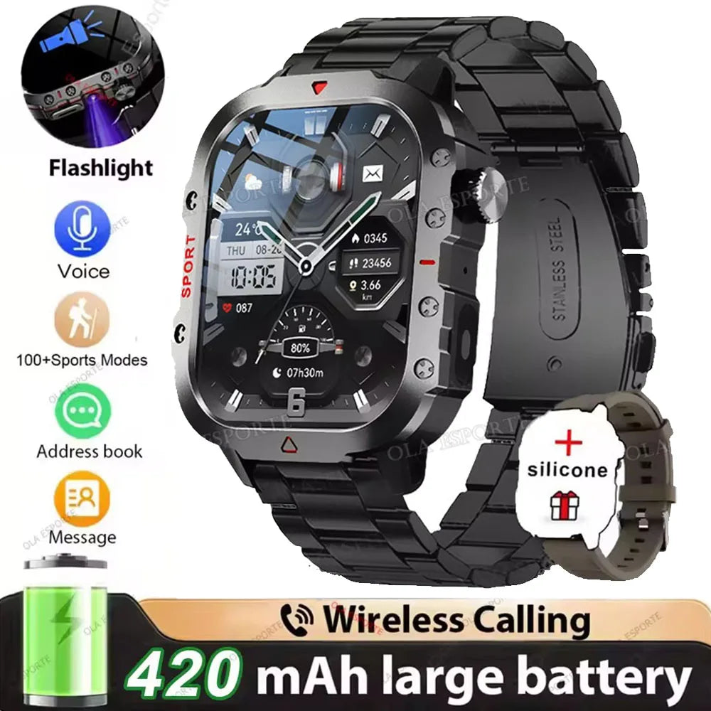 2026 Military-Grade Smartwatch – GPS, Flashlight, 3ATM Waterproof, Bluetooth Call, 100+ Sports Modes